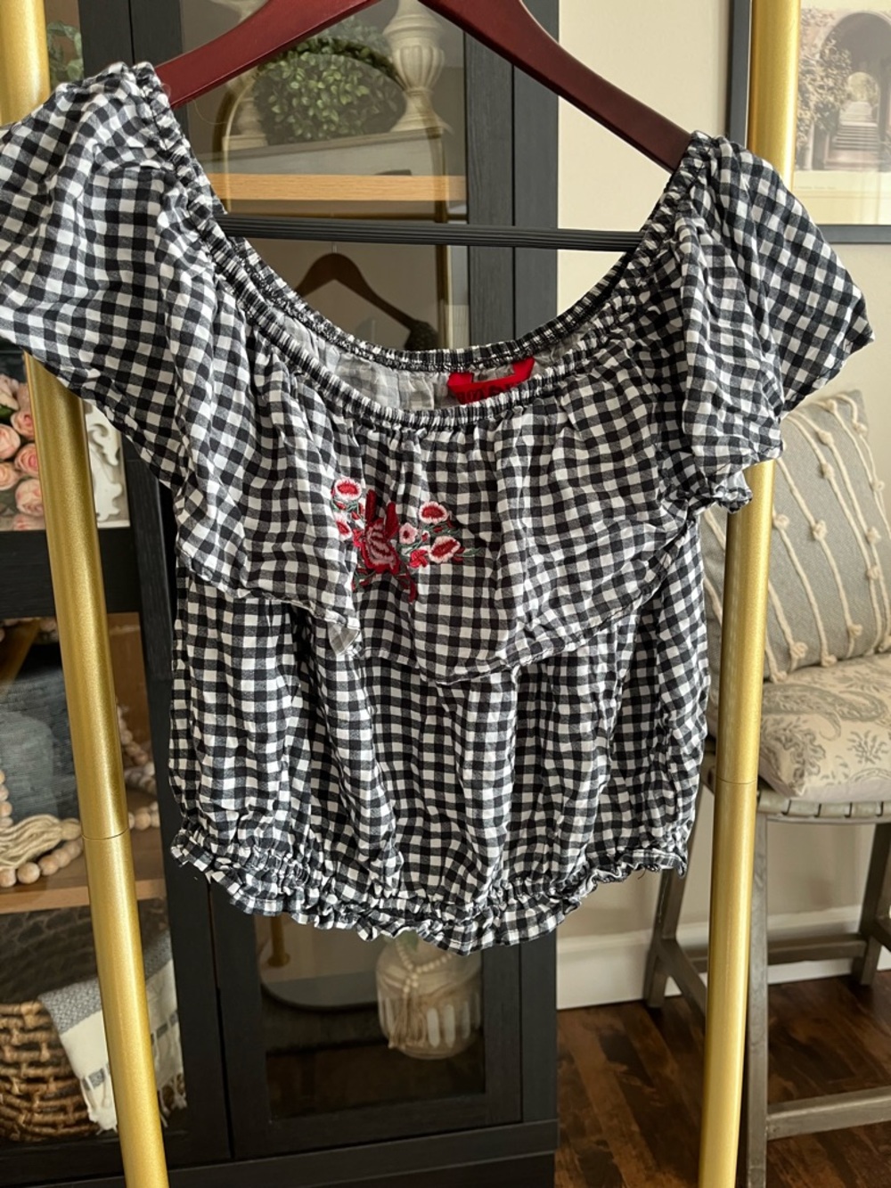 Hot kiss  Black & White Gingham Off-Shoulder Top with Red Accents